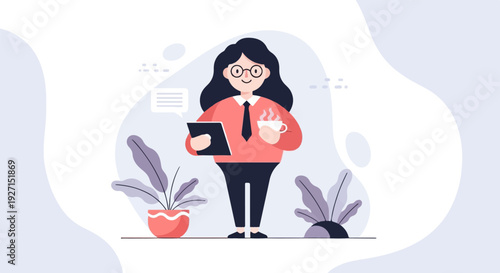 Modern professional woman with coffee and tablet amidst abstract shapes and plants