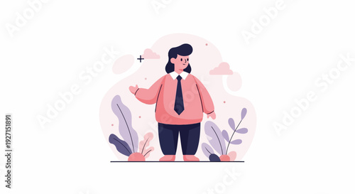A stylized, plump person in a peach shirt, navy pants, and tie, stands amidst abstract shapes and plants
