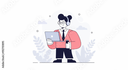 A person with headphones holds a laptop and smartphone, surrounded by stylized plants and clouds