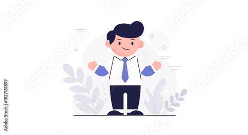 Cheerful cartoon man in a white shirt and blue tie, arms outstretched