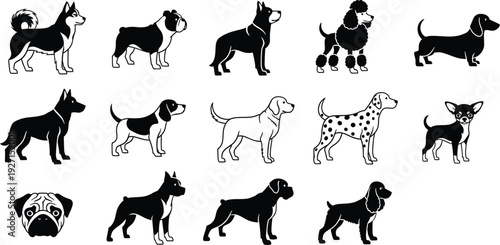 Black and white pixelated illustrations of fifteen popular dog breeds in profile view