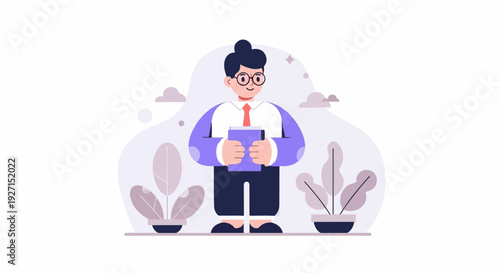 A stylized person in formal attire holds a book amidst abstract shapes and plants
