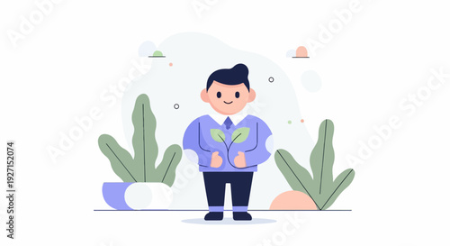 Stylized individual holding green sprouts amidst abstract plant shapes and dots