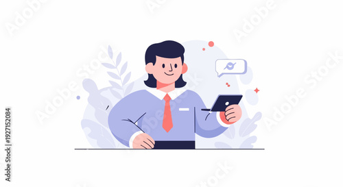 A stylized person in business attire smiles while holding a phone, with chat bubble icon