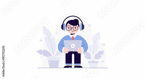 Animated person with headphones and laptop, surrounded by plants