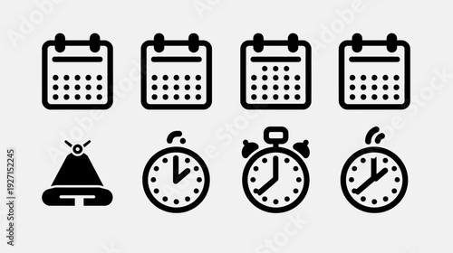 Collection of minimalist black and white icons including calendars, clocks, and a hat