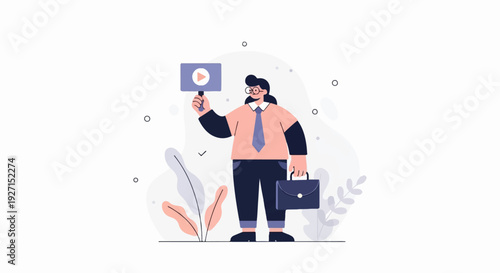 Business professional holding a play button sign and briefcase