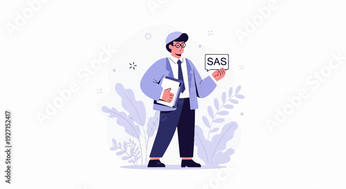 Illustrated person in a suit and cap holding a tablet and speech bubble with SAS