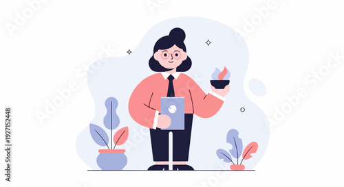 A person in formal attire holds a torch and a tablet, surrounded by plants