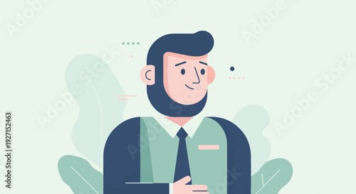 Flat cartoon man with beard, tie, and suit, set against abstract shapes