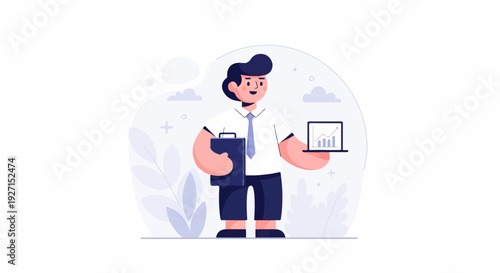A stylized male figure in business attire holds a portfolio and a tablet displaying a rising graph