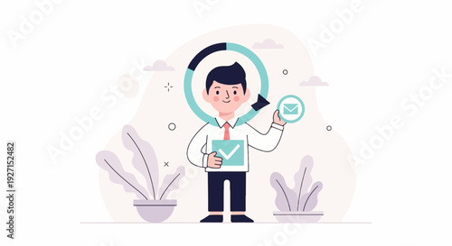 A smiling person in a suit stands surrounded by abstract shapes and plants, with a circular arrow and an envelope icon