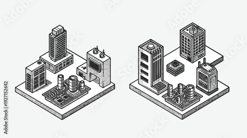 Isometric black and white illustration of two miniature industrial cityscapes with buildings and machinery