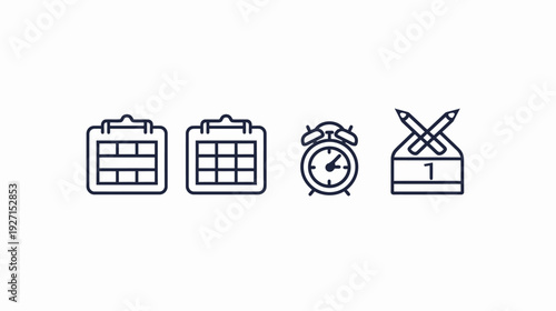 A collection of line art icons including calendars, a clock, and a desk with crossed pencils