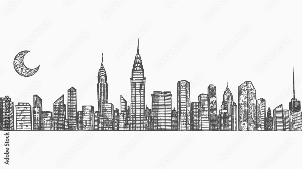 Obraz premium Hand-drawn monochrome illustration of a cityscape at night with a crescent moon