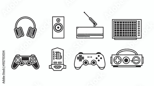 A collection of eight black and white vector illustrations of audio and gaming electronics