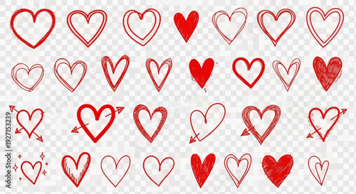 Collection of Hand-Drawn Red Hearts on Transparent Background, Valentine's Day Symbols