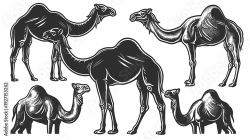 Artistic depiction of camels, in various poses, with distinct textures, and detailed shading
