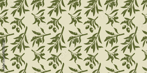Seamless repeating pattern featuring olive branches with green olives and leaves on a soft beige background