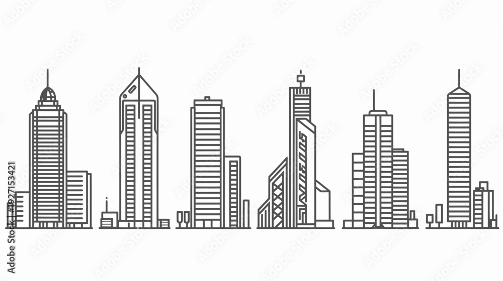 Fototapeta premium Linear architectural illustration showing a series of stylized skyscrapers in monochrome grayscale, clean design