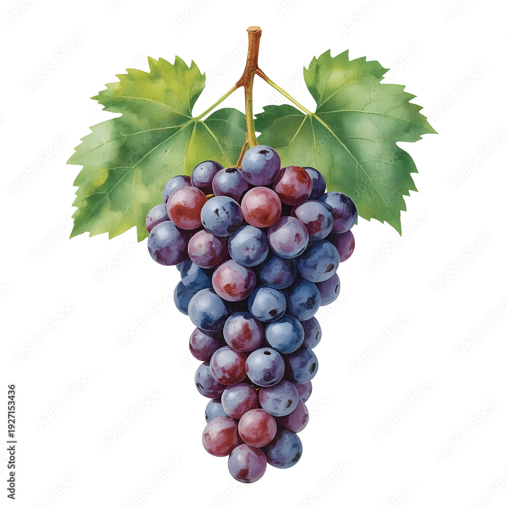 Fototapeta premium Watercolor illustration of a beautiful bunch of ripe grapes with leaves
