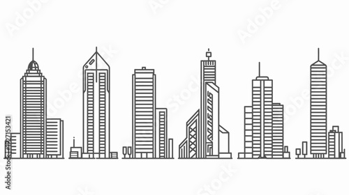 Linear architectural illustration showing a series of stylized skyscrapers in monochrome grayscale, clean design