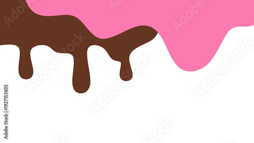 Sweet melting chocolate and pink strawberry icing glaze background. Melted syrup or dripping liquid sauce. Minimalist sweet chocolate and strawberry pink background. Minimalist wavy background.