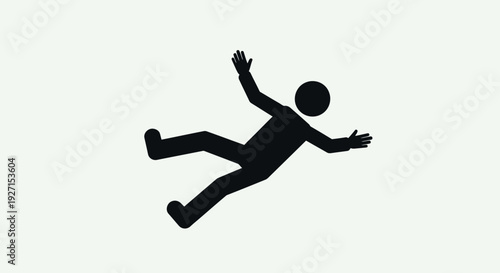 Black stick figure icon of a person freely falling or floating through the air in a bright studio background, depicting weightlessness or a dynamic drop.