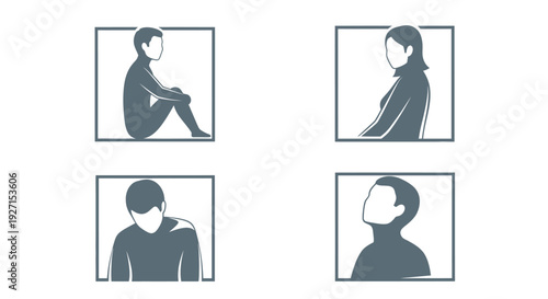 Set of framed human head silhouettes expressing various emotions and states, isolated white background.