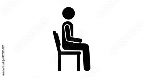 Simple black stick figure icon of a person seated on a chair in a side profile view on an isolated white background, symbolizing rest or contemplation.