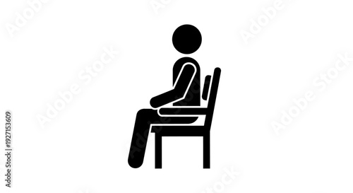 Simple black stick figure icon of a person sitting on a chair on an isolated white background, representing relaxation or being seated.
