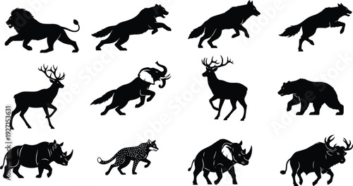 Silhouettes of various african animals in motion