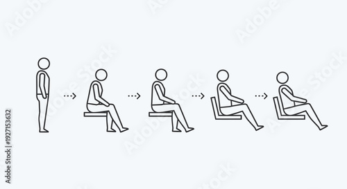 Sequential illustration of a person sitting down on a bench, process of resting, in bright studio.