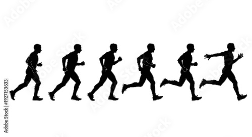 Sequence of a person running with energetic motion, dynamic action, isolated white background.