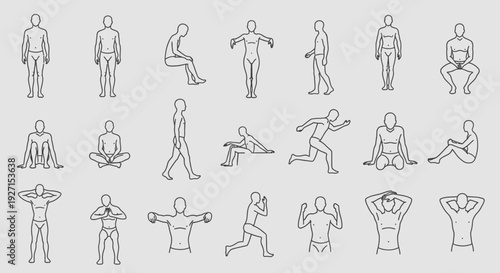 Set of human body outline poses for various activities, in bright studio.