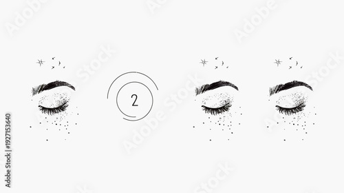 Artistic black and white illustration of closed eyes, star accents, and a number 2 within a circle