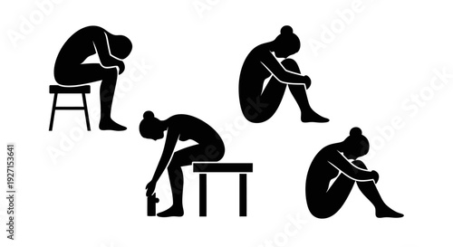 Silhouettes of a person in depressed and sorrowful poses, expressing deep sadness, isolated white background.