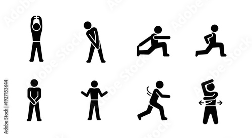 Set of stick figures performing various exercises and stretches, promoting active lifestyle, isolated white background.