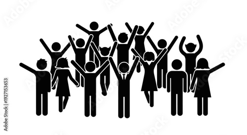 Energetic crowd of people cheering and celebrating with raised arms, feeling united and joyful, isolated white background.