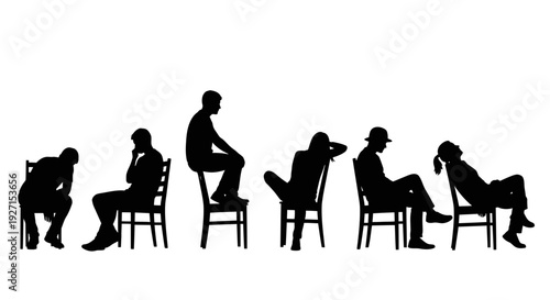Group of diverse people sitting and reclining in various relaxed poses, black silhouettes, isolated white background.
