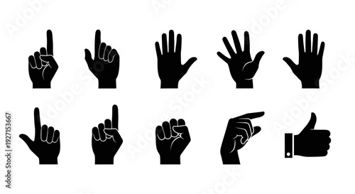 Set of various human hand gestures and actions, black silhouettes, isolated white background.