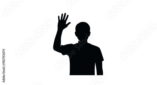 Man's upper body silhouette waving hand in a friendly gesture on an isolated white background, greeting or saying goodbye.