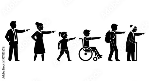 Diverse group of people including man, woman, child, person in wheelchair, and elderly person pointing in the same direction on an isolated white background.