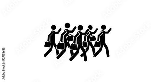 Group of business people walking together, carrying briefcases, representing busy professionals moving forward on an isolated white background.