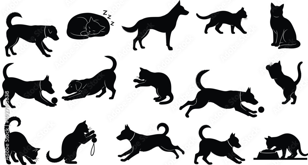 Fototapeta premium Collection of black cat and dog silhouettes