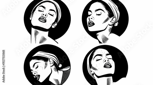 A stylized black and white illustration of four female portraits in a circular graphic style