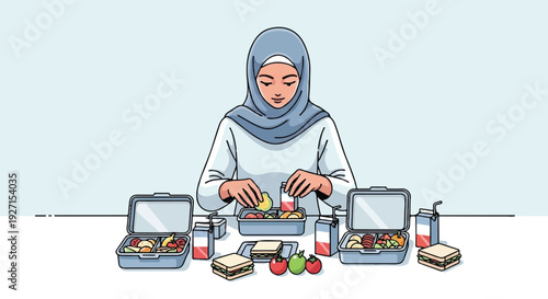 A Muslim woman in a hijab preparing healthy lunches with fresh fruits, vegetables, and sandwiches in bento boxes for a nutritious meal