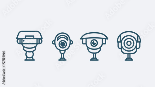 Simplified, dark blue line art depicts a sequence of four distinct surveillance camera designs