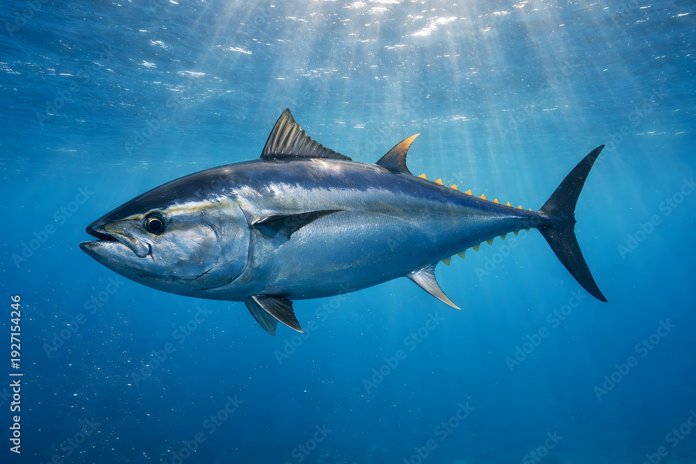 Fototapeta premium Bluefin tuna swimming underwater in clear ocean with sunlight rays.