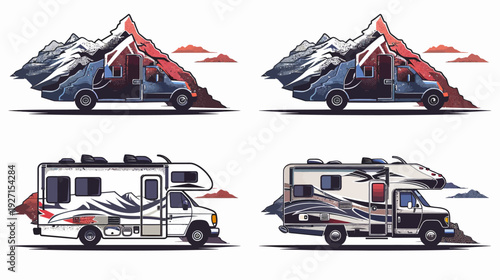 Four stylized illustrations of RVs, juxtaposed with pixelated mountain backdrops